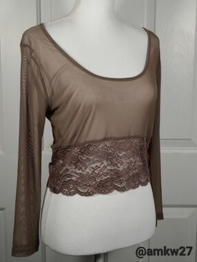 NWT A'reve Lace & Mesh Sheer Stretchy Crop Top in Brown Size Large
